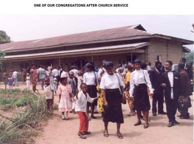 <p>A historical picture of a Mennonite Church Nigeria congregation after a church service. Photos courtesy of Mennonite Church Nigeria</p>