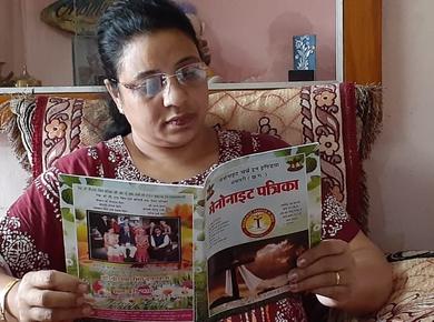 Shailja Sonwani, member of Sunderganj Mennonite Church Dhamtari, reads Mennonait Patrika, a quarterly magazine of Mennonite Church India Dhamtari CG. Photo supplied.