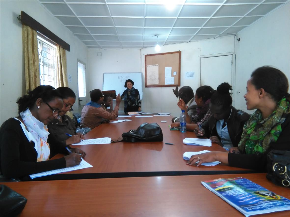 Distance education director Tigist Alamirew with students in class at Meserete Kristos College. Photos courtesy of Tigist Alamirew. 