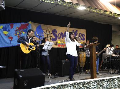 A band is playing on a stage
