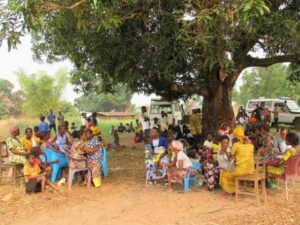 a group of mostly women sit under a tree on wooden and plastic chairs