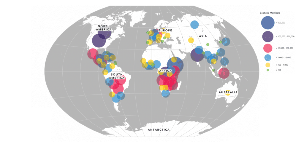 world map with colored discs indicating the global population of baptized Mennonites by country