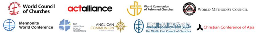 logos: World Council of Churches, Mennonite World Conference, act alliance, the Lutheran World Federation, World Communion of Reformed Churches, Anglican Communion, the Middle East Council of Churches, Christian Conference of Asia, World Methodist Council
